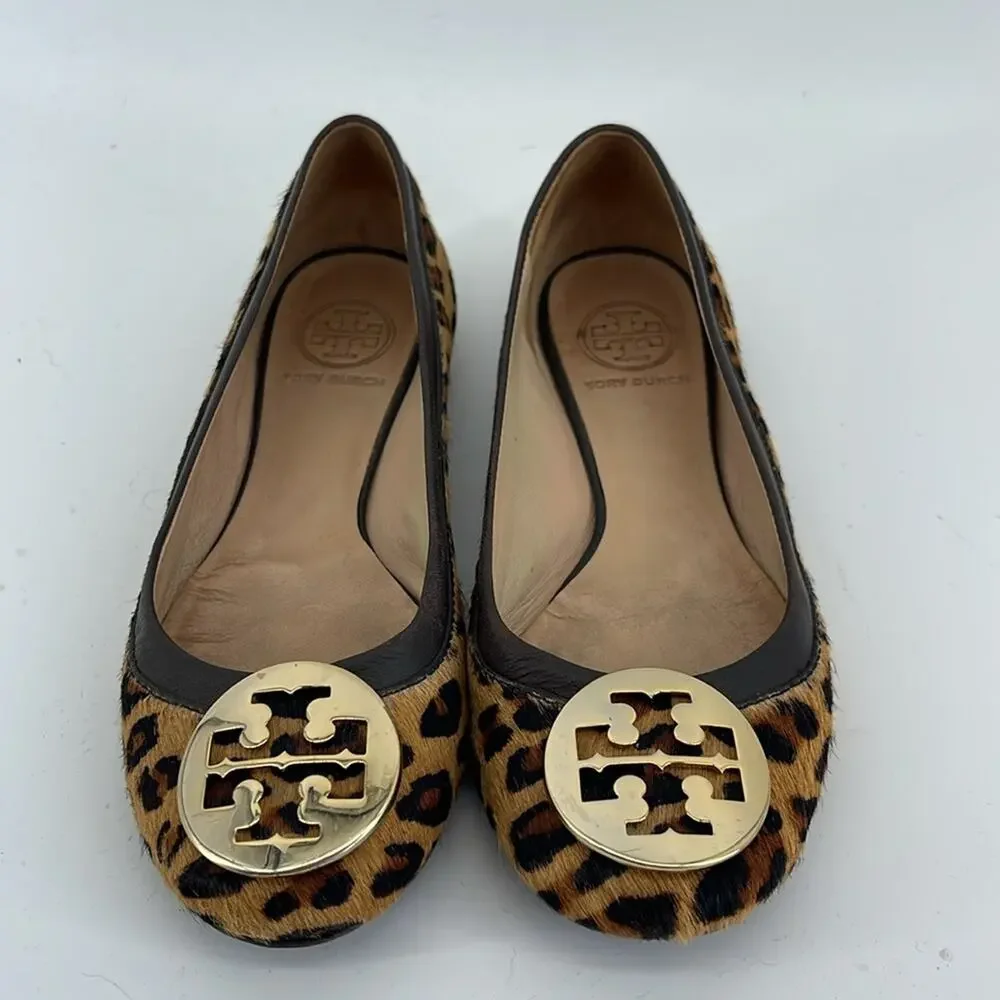 Tory Burch Reva calf skin leather leopard print slip on ballet flat shoes sz 6.5
